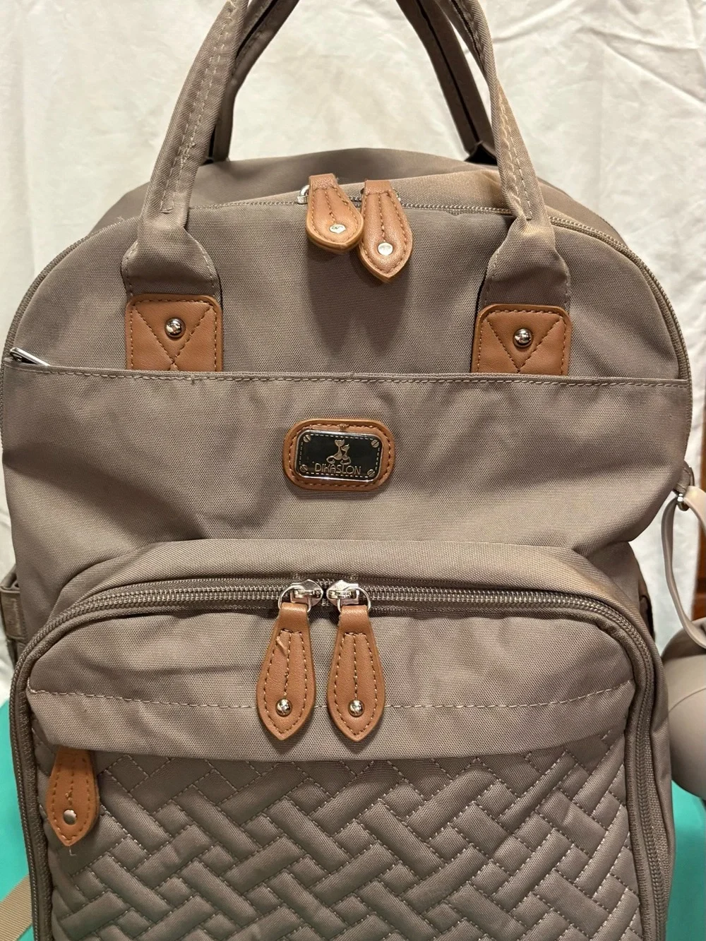 Diaper Backpack in Taupe with Tan Trim by